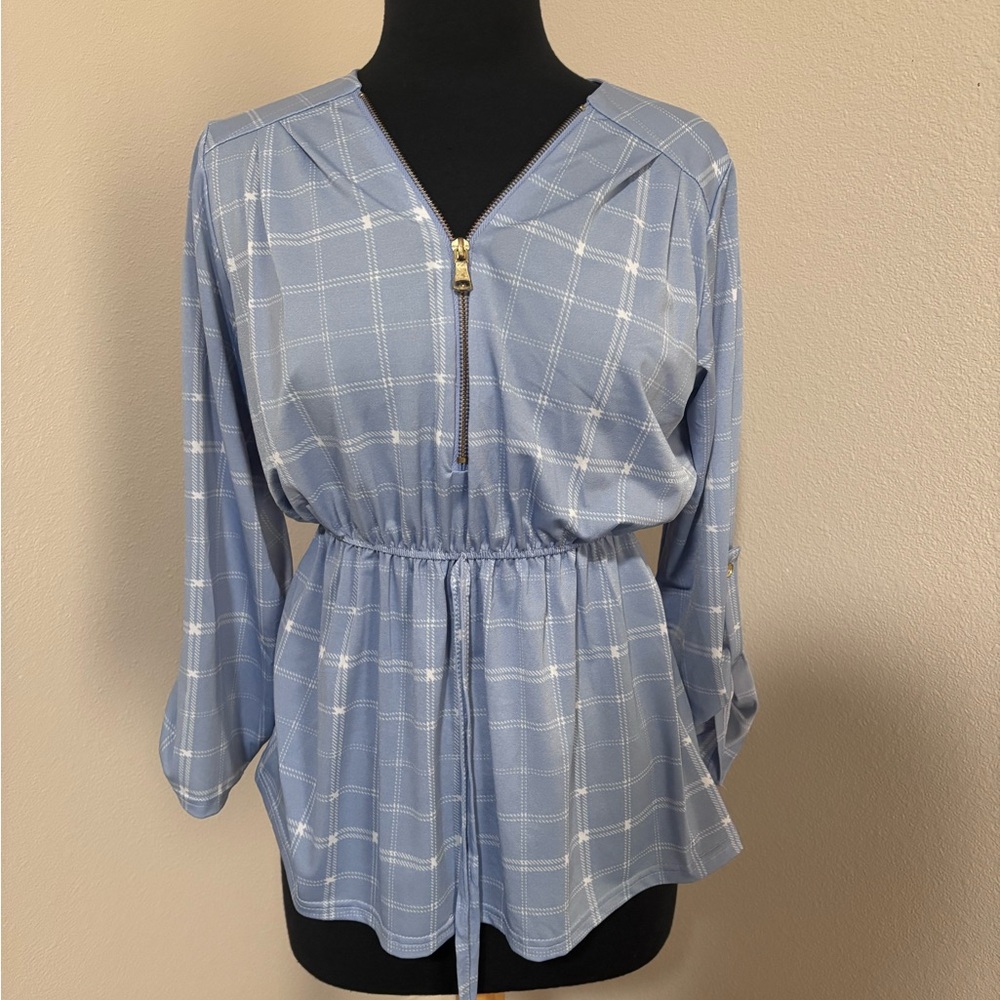 Light Blue Plaid Drawstring Waist Zip-Front Tunic
